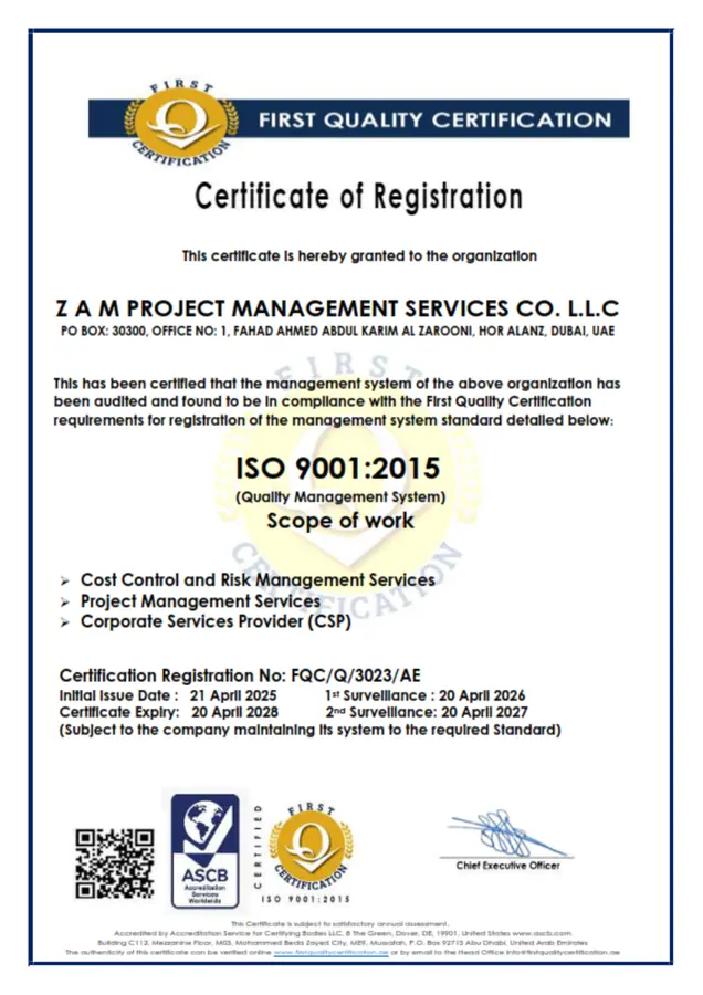 ISO 9001:2015 Certificate of Registration issued to ZAM Project Management Services Co. L.L.C.