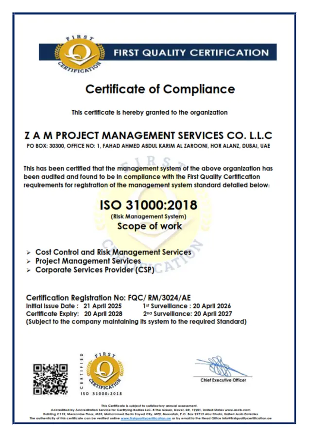 ISO 31000:2018 Certificate of Compliance issued to ZAM Project Management Services Co. L.L.C.