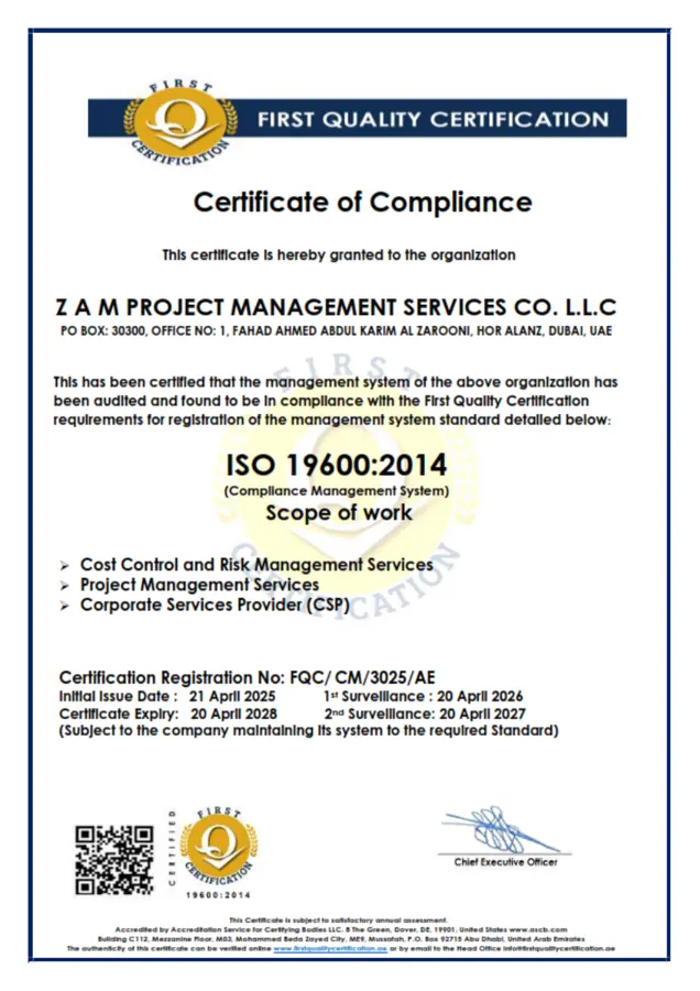 ISO 19600:2014 Certificate of Compliance issued to ZAM Project Management Services Co. L.L.C.